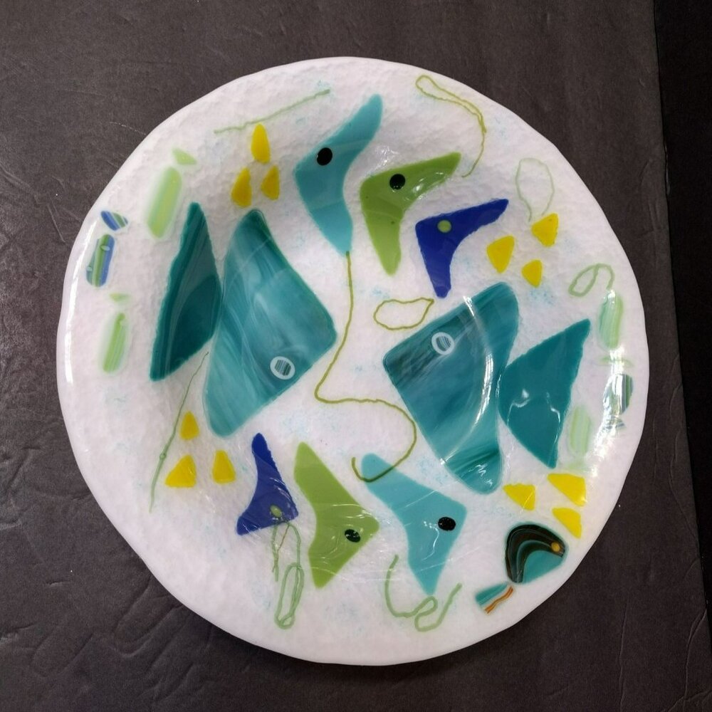 Handcrafted Fused Glass Fish Design Bowl, 9.5", Milk Glass Coastal Beach Dish